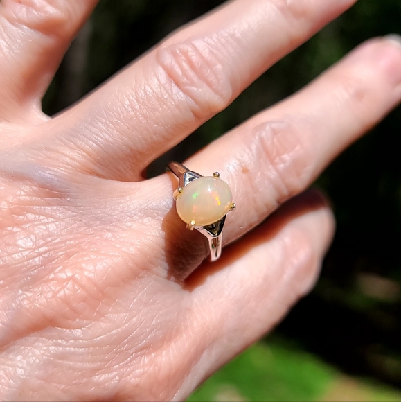 Crisp LARGE opal & blue Spinel Sterling solitaire ring sz7.5 - Picture 3 of 8